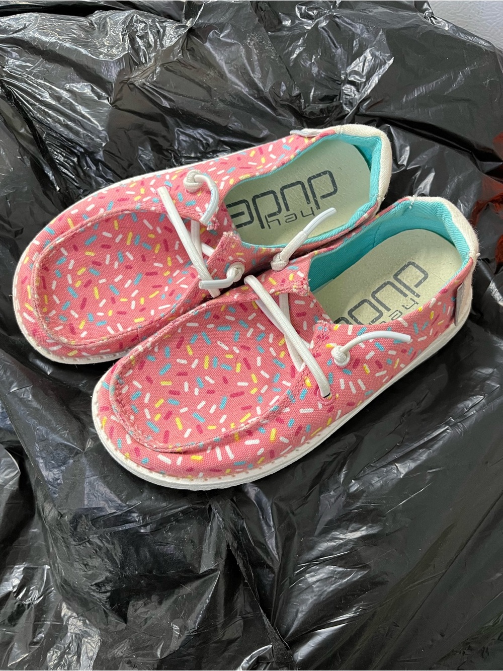 Pink Sprinkle Slip-On Kids Sneakers with Turquoise Lining hey dudes girls